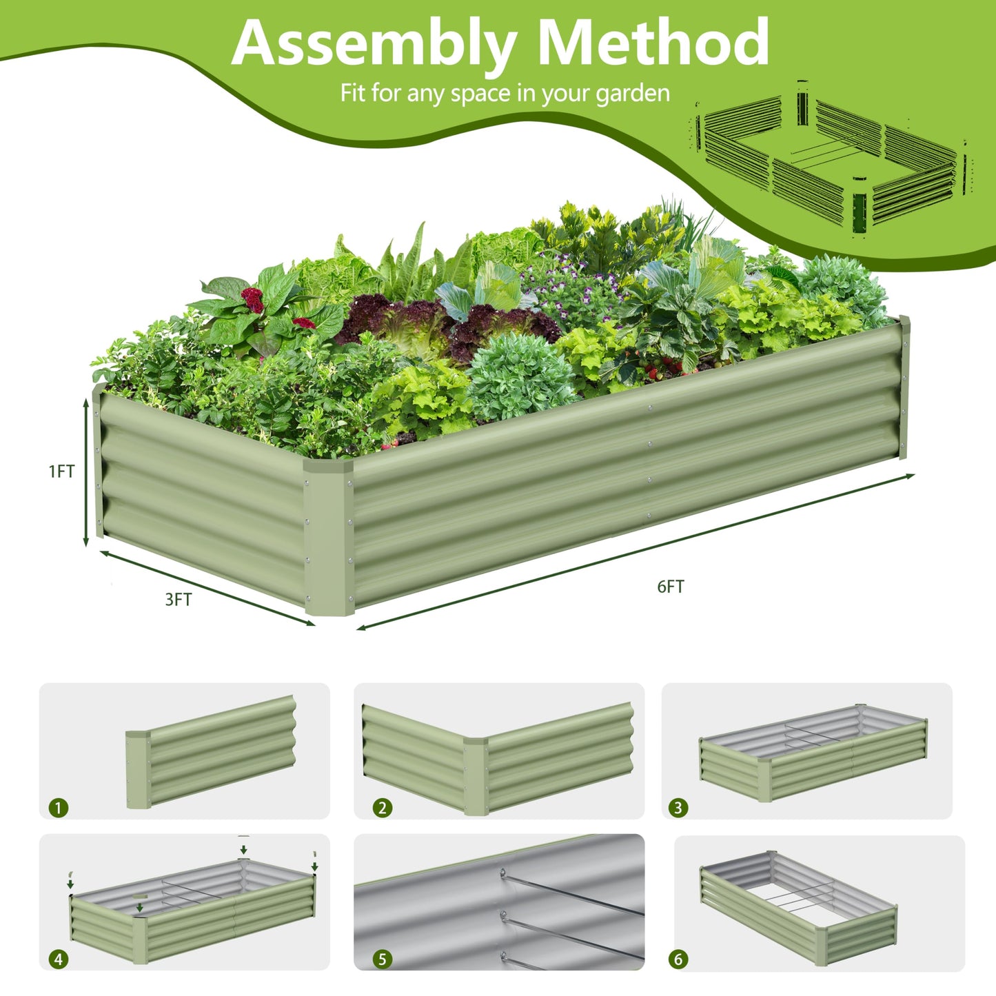 Ayen Guard 2PCS 6x3x1FT Galvanized Raised Garden Bed, Galvanized Planter Raised Garden Boxes Outdoor, Large Metal Raised Garden Beds for Vegetables-Green