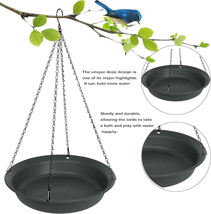 VUWEZ Hanging Bird Bath, Hanging Bird Water Feeder for Outdoors, Feeder Bowl, 1 Pack Birdbath Tray Accessories for Outside, Plastic Birdbaths Tray for Garden Patio Decoration (14", Dark Black)