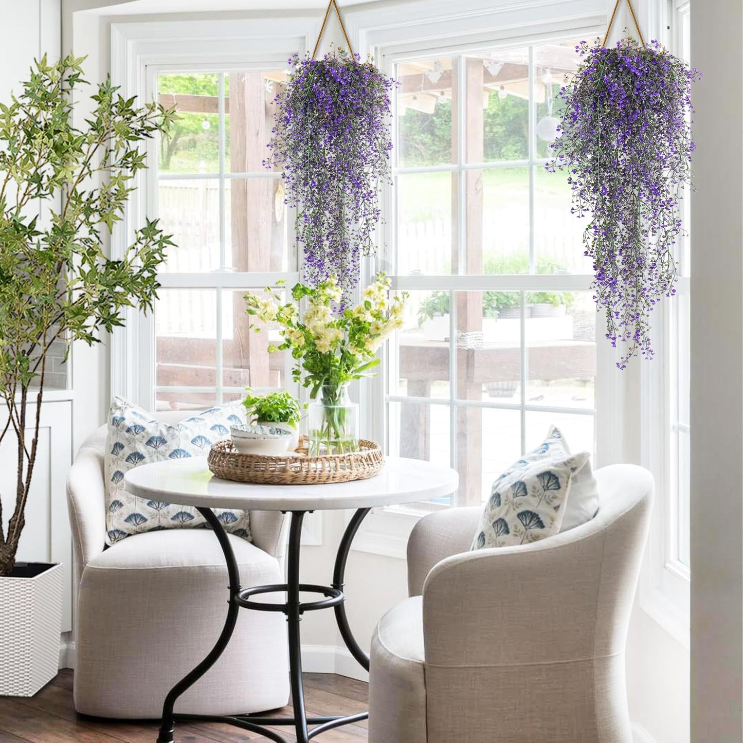 RECUTMS Artificial Vine Plants 2 Pack Fake Hanging Flower Plants Faux Ivy Vine Leaves Plastic Baby Breath Greenery UV Resistant for Home Bedroom Wall Porch Garden Wedding Decor (Purple)