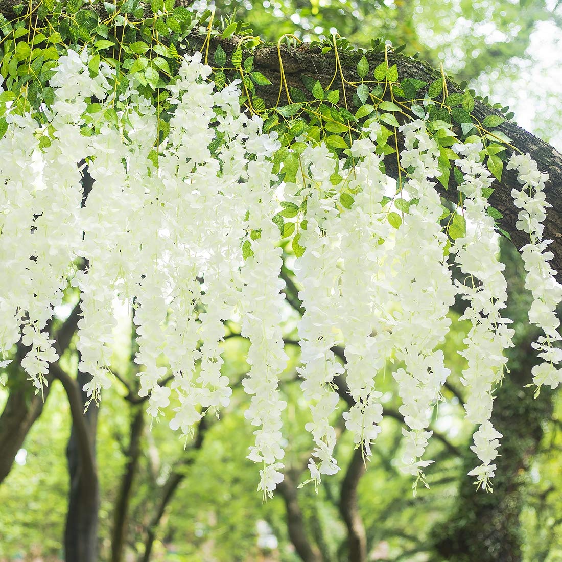 GPARK (36 Branches 12 Pack /45 inch /3.7ft Wisteria Hanging Artificial Flowers Fake Bushy Silk Vine Garland String for Wedding Party Garden Greenery Home Wall Deco Beige+Green+White