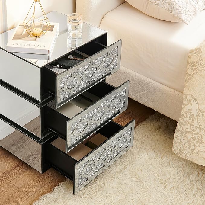 Mirrored Bedside Nightstand, Modern Side Table