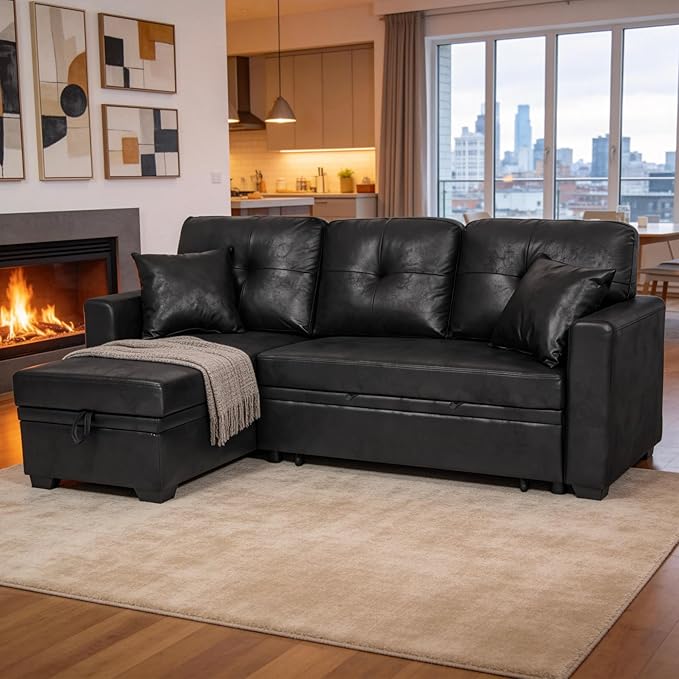 L Shaped Sectional Couch with Storage and Pull Out Bed, 3 Seater Sleeper Sofas