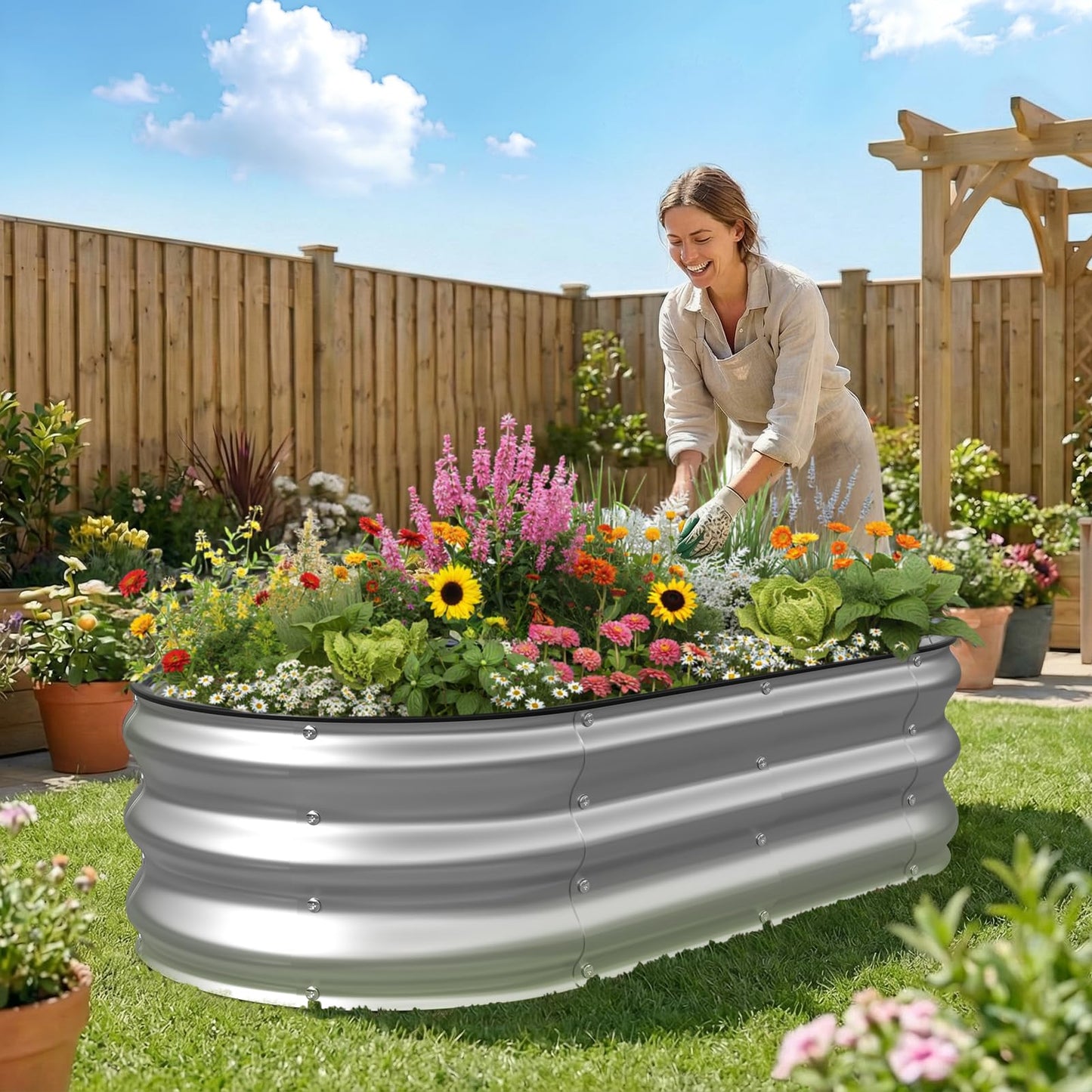 Kesfitt Raised Garden Bed, 4x2x1 FT Galvanized Steel Metal Raised Garden Bed, Oval Open-Bottom Design, 12-Inch Deep for Outdoor Vegetable & Herb Gardening, Silver