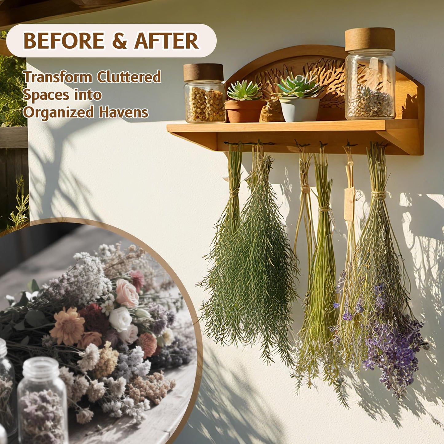 Tnstbiee Hanging Herb Drying Rack - Artistic Life Tree Design. Space-Saving Kitchen Flower Dried Grass Display,Holds 7 Bouquets. For Witches & Gardeners Gifts for Crafters, Wall Art Décor