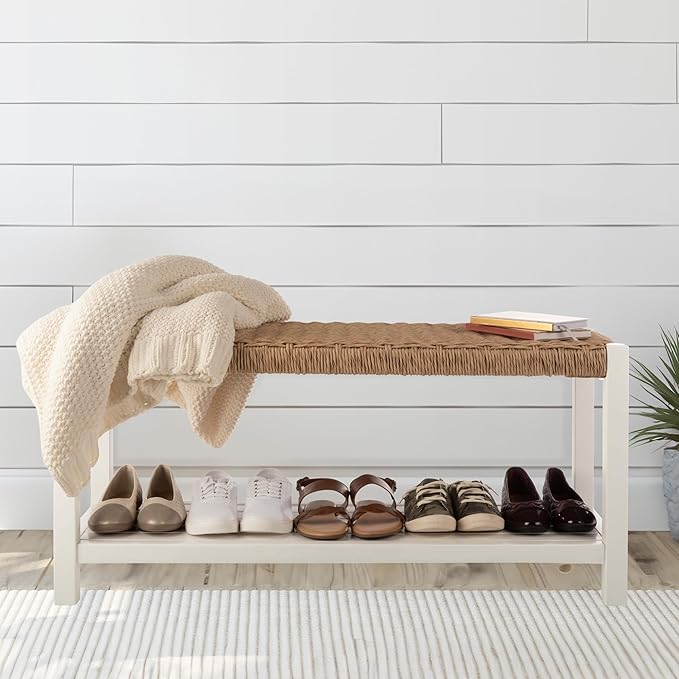 Alaterre Furniture Bench with Handcrafted Woven Rope Seat