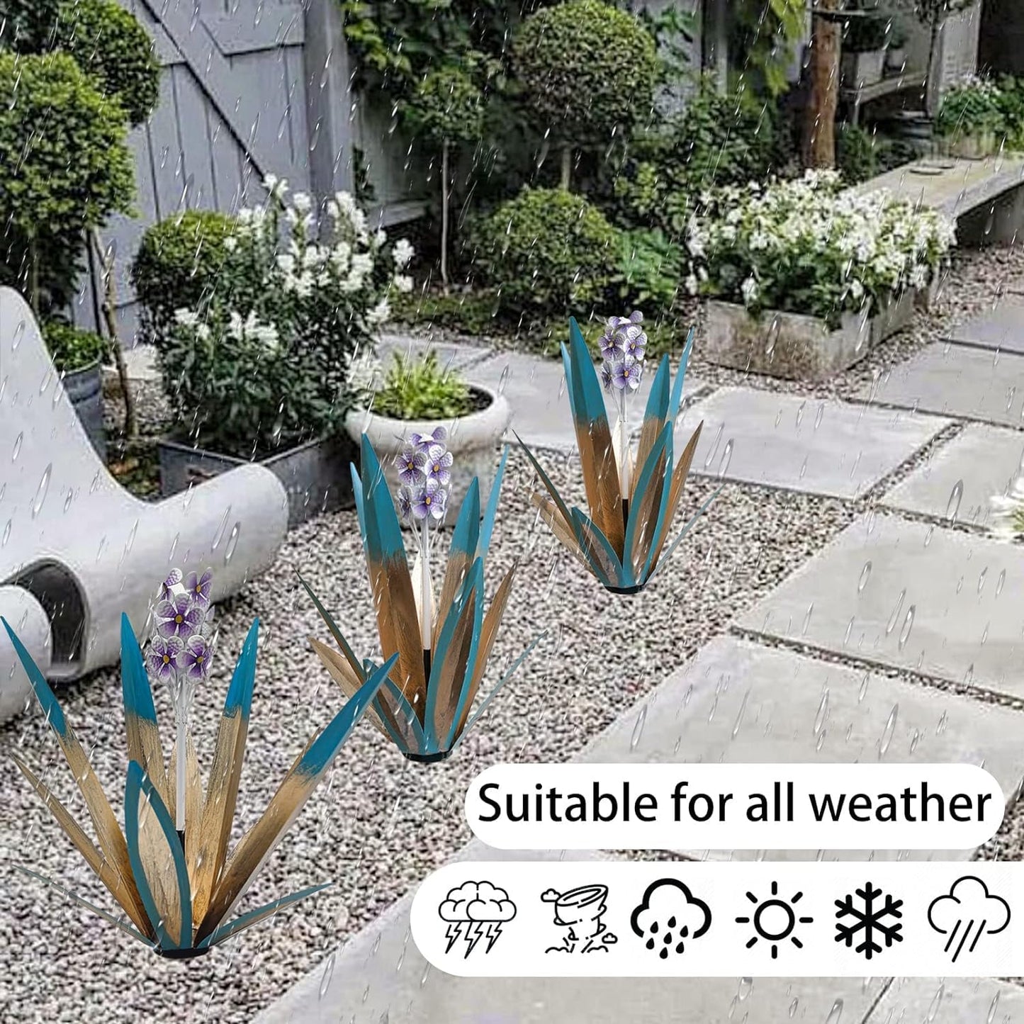 LCJECV Metal Agave Plant Garden Art, 2 Pack Tequila Rustic Sculpture, Rustic Metal Agave Plants Lawn Home Ornaments, for Yard Stakes, Garden Figurines, Outdoor Patio (2 PCS Purple Flowers)