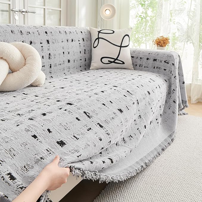 DREAMINGO Abstract Chenille Couch Cover Blanket Grey Black Boho Sofa Cover