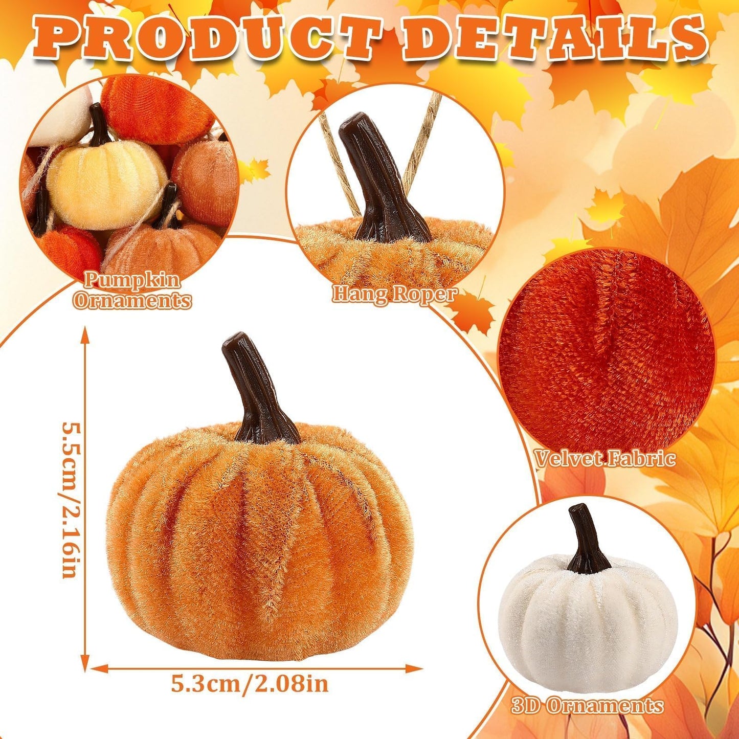 DTOFOOT 16 Pcs Fall Thanksgiving Pumpkin Hanging Ornaments, Autumn Velvet Fabric Wrapped Pumpkin Pendant for Farmhouse Harvest Halloween and Home Party Decor