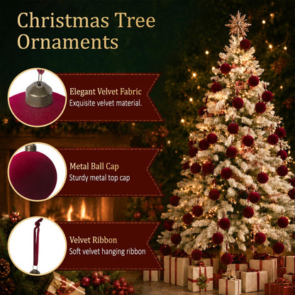 15 Pcs Red Velvet Christmas Decorations Balls, 2.65 Inch Christmas Ornaments for Xmas Tree Decor, Dark Red Flocked Ball for Family Holiday Party Valentines Hanging Decoration
