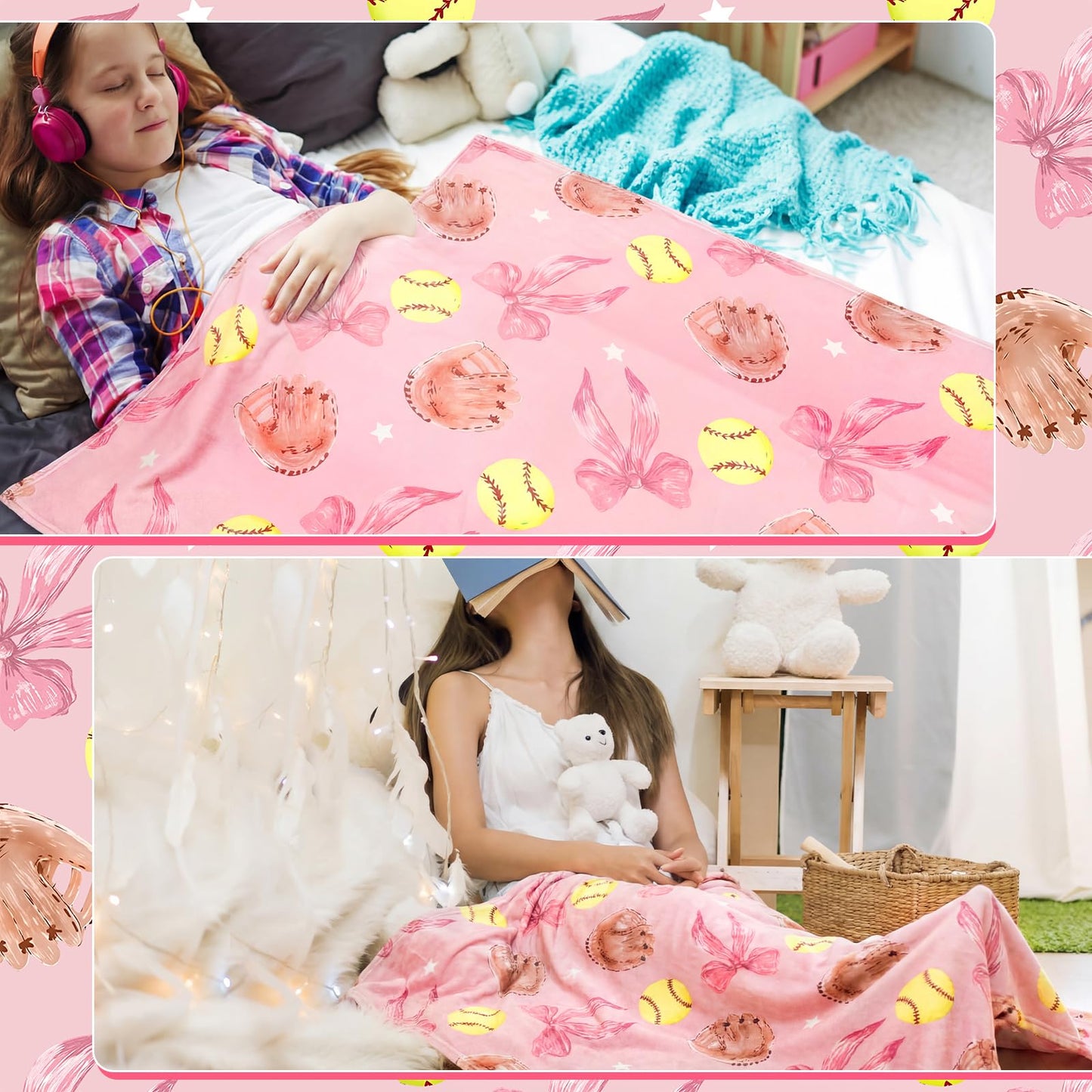 Hillsuren Pink Softball Coquette Bow Blanket 50 x 60 Softball Sports Throw Blanket Bow Stuff Team Gifts for Ball Lovers Players Home Decor Halloween Christmas Thanksgiving Gift