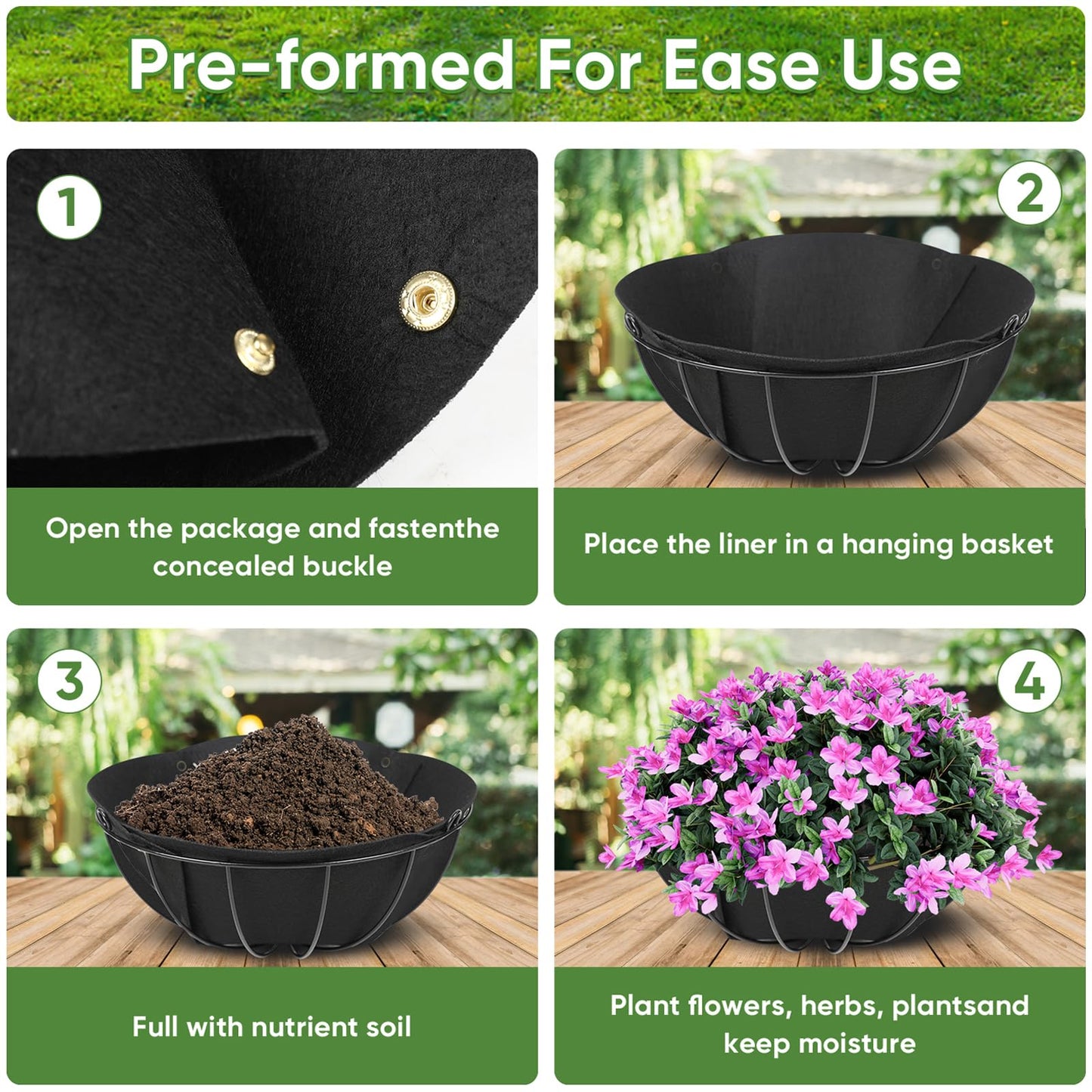 HKZ Hanging Planter Basket Liners - 6 Pack 14 Inch Round Fabric Liners for Hanging Baskets, Replacement Coco Fiber Liner, Durable Non-Woven Liners for Hanging Baskets Planters Flowers, Plants (Black)