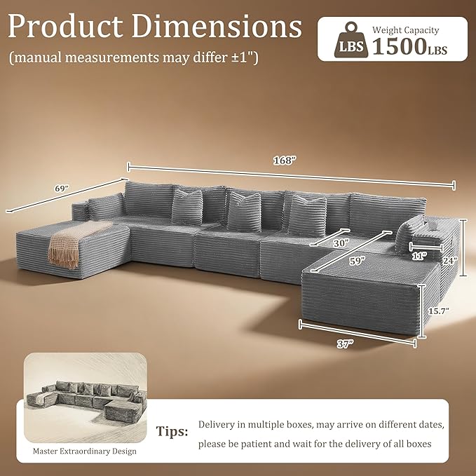 168" Cloud Sectional Couch, Comfort U Shaped Sofa