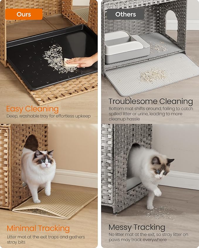 Feandrea Cat Litter Box Enclosure, Handwoven Rattan Hidden Litter Box Furniture