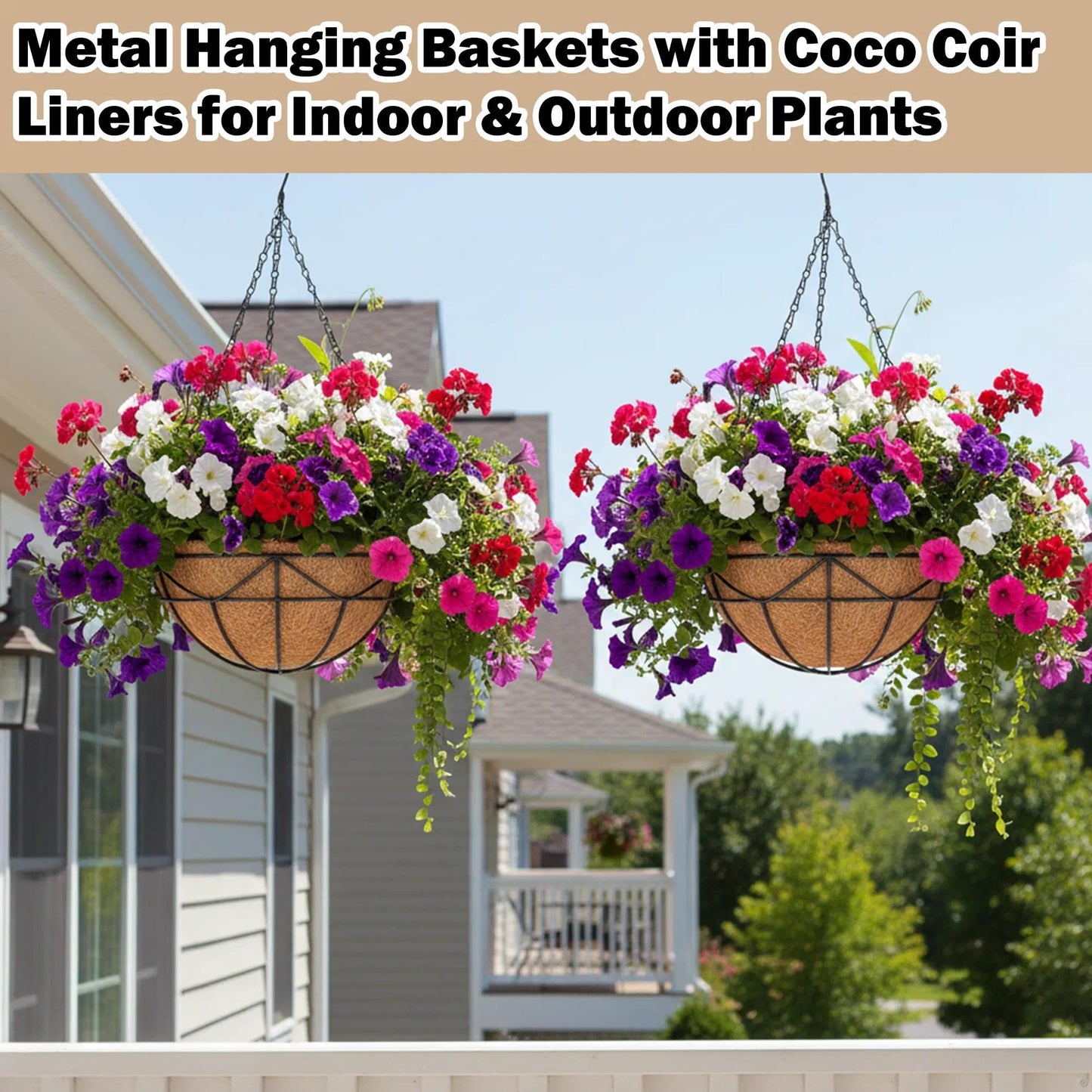 KIDYBELL Hanging Baskets for Outdoor Plants (12 inch 2 Pack) Black Metal Wire Flower Basket Coconut Coir Hanging Planters with Chain Indoor Plant Holder for Patio Garden Balcony