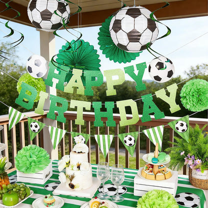 OBBOLO Soccer Birthday Party Decorations, Pre-Strung Soccer Birthday Banners, Including 2 Soccer Ball Paper Lanterns, Green Paper Fans and Pompoms for Boys Birthdays, Sports Party Decorations