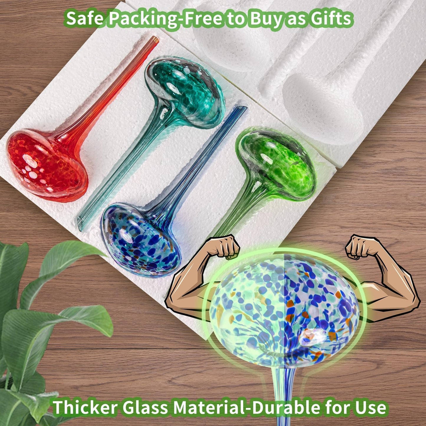 Plant Watering Globes 8"L x 3.5"D, 4Pcs Large Self Watering Planter Insert Glass Plant Watering Devices for Indoor Outdoor Plants, Mushroom Automatic Plant Waterer Watering Spikes Bulbs+Funnel &Shovel