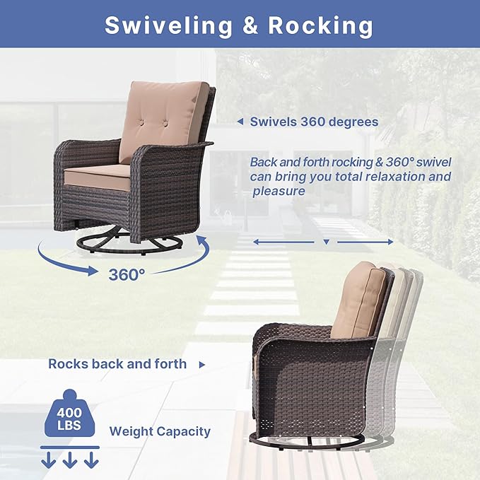 ALAULM 3 Piece Wicker Patio Chairs Outdoor Swivel Rocker Chairs