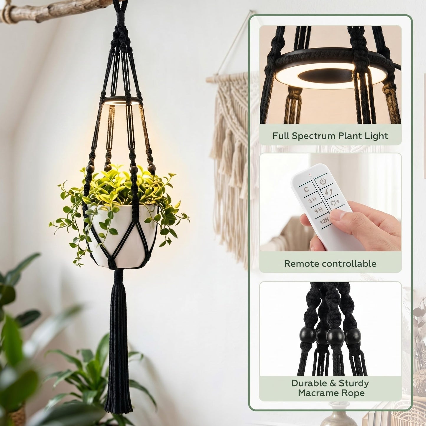 Huquary 3 Pack Macrame Plant Hanger with Grow Light Hanging Boho Planter Basket Flower Holder and Hanging Remote Grow Lights for Indoor Plants Suitable for Different Size Pots(Black)