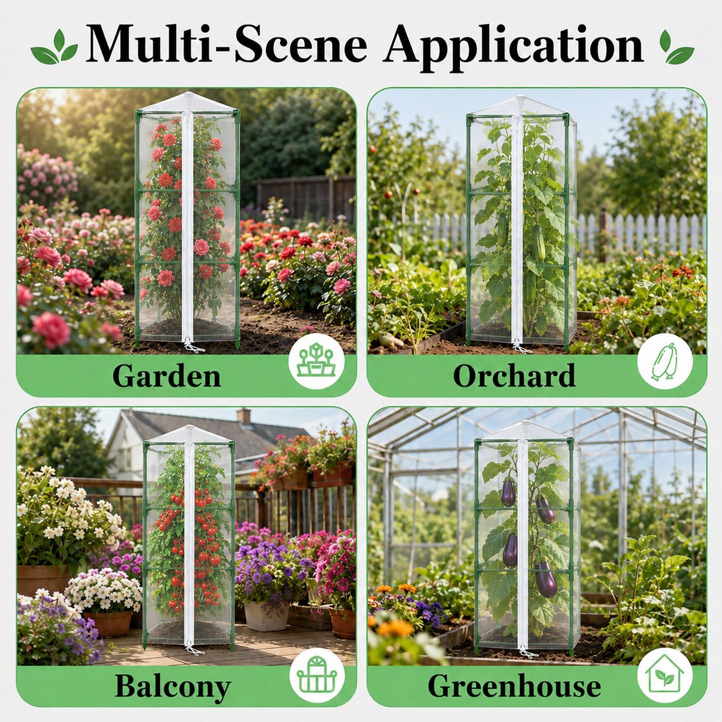 Halatool Garden Tomato Plant Cover Netting, Fits 40–55" Tall Square Tomato Cages, Garden Bird Netting with Zipper & Drawstring, Insect Barrier, Plant Covers from Insects Animals, 4 Pack, 45"×15.7"