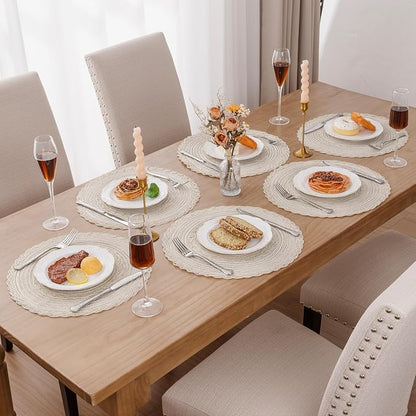 SHACOS Boho Round Placemats Set of 8 Braided Border Round Place Mats 15 inch Washable Dining Table Mats for Home Wedding Holiday Party (Ivory Bordered, 8)