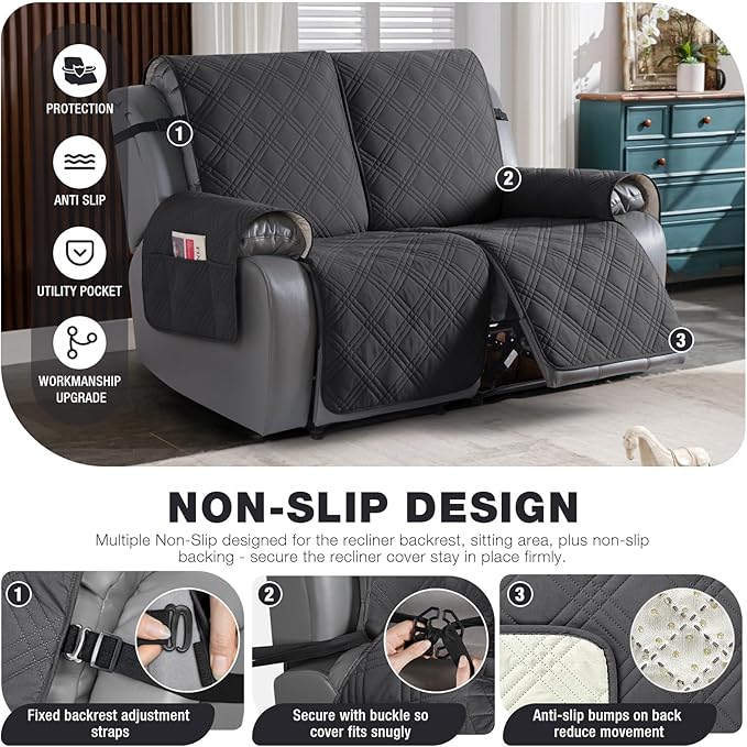 TAOCOCO 100% Waterproof Loveseat Recliner Cover, Non Slip Split Recliner Couch