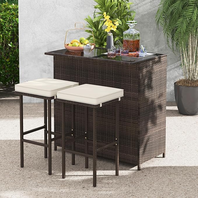 Tangkula Patio Bar Set, 3 Piece Outdoor Rattan Wicker Bar Set