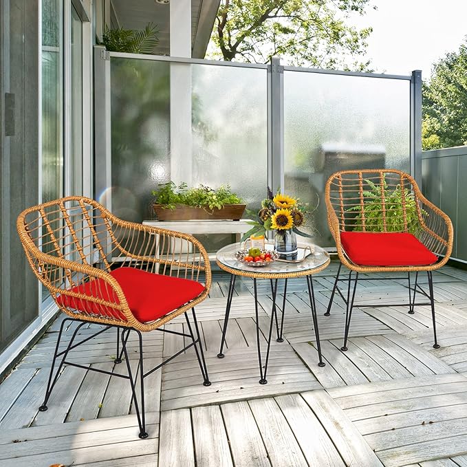 Tangkula 3 Pieces Patio Bistro Set, Rattan Conversation Set
