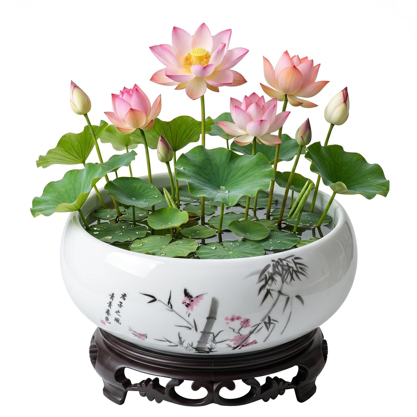 Homoyoyo Ceramic Lotus Bowl, Planter Hydroponic Water Lily Bowl 6.9In Aquatic Plant Pot Wide Shallow Bonsai Planter Succulent Pot Chinese Style Flower with Plastic Base for Indoor Plants Garden