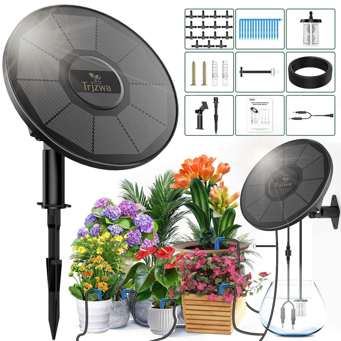 TRJZWA Solar Irrigation System Automatic Drip Irrigation Kit for Outdoor/Indoor Garden Watering System with Water Level Detection,Drip Irrigation System for 15 Potted Plant with 15m Water Hose