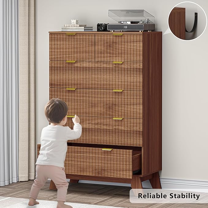 BORNOON 46" Tall Dresser for Bedroom, 6-Drawer Fluted Chest of Drawers