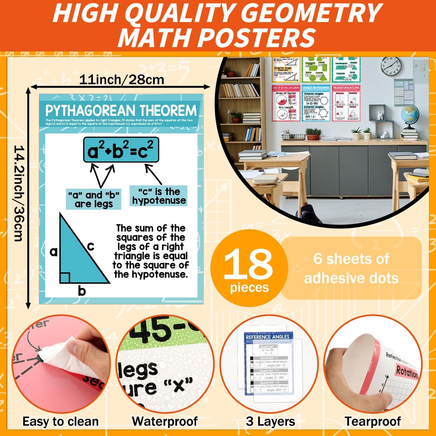 18Pcs Geometry Math Posters Angles Triangles Trigonometry Charts Educational Mathematics Poster for Middle High School Math Classroom Decor Hallway Bulletin Board Study Room Learning Supplies 14x11In