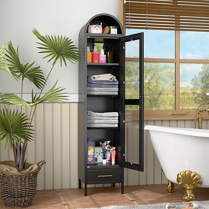 METAN Metal Arched Storage Display Cabinet, 1 Glass Door and Bottom 1 Drawer
