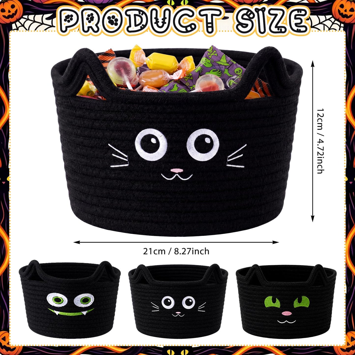 Yungyan 3 Pcs Black Cat Baskets, Woven Cotton Rope Cat Storage Bin Organizer, Trick or Treat Candy Bowls, Boo Gift Basket, Halloween Party Supplies for Laundry, Baby, Towels, Blankets, Animal