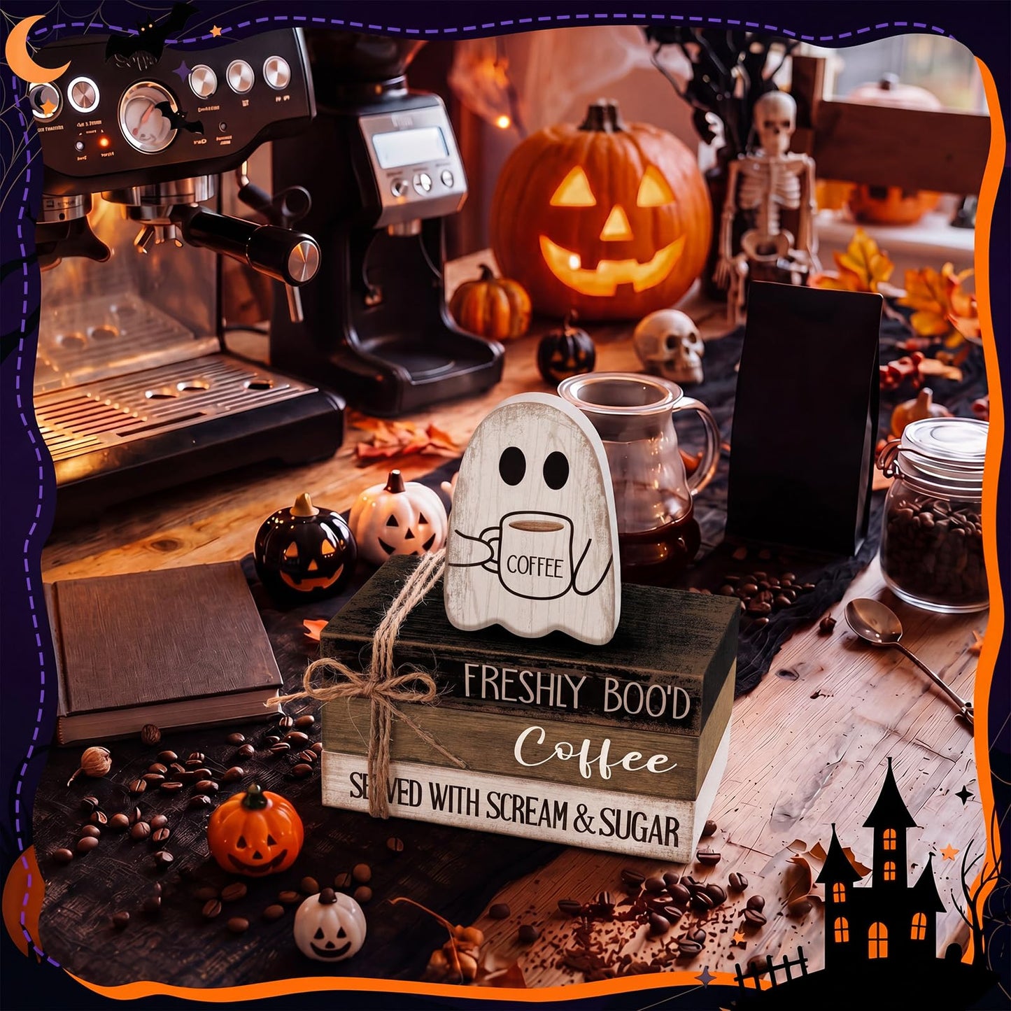 Anglechic 4 Pcs Halloween Table Decorations Halloween Ghost Tiered Tray Decorations Rustic Mini Ghost Coffee Wooden Books Centerpiece Signs for Farmhouse Office Shelf Tabletop Office Bookshelf