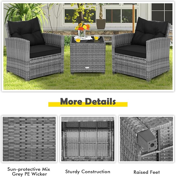 HAPPYGRILL 3 Pieces Patio Conversation Set, Outdoor Furniture Set PE Rattan