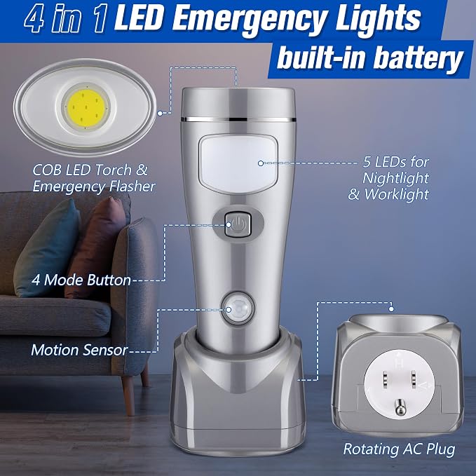Enhon 3 Pack 4 in 1 LED Emergency Lights for Home Power Failure, Rechargeable Plug in Flashlight Motion Sensor Night Light, Automatic Turn On Power Outage Light for Home Hurricane Supplies (Silver)