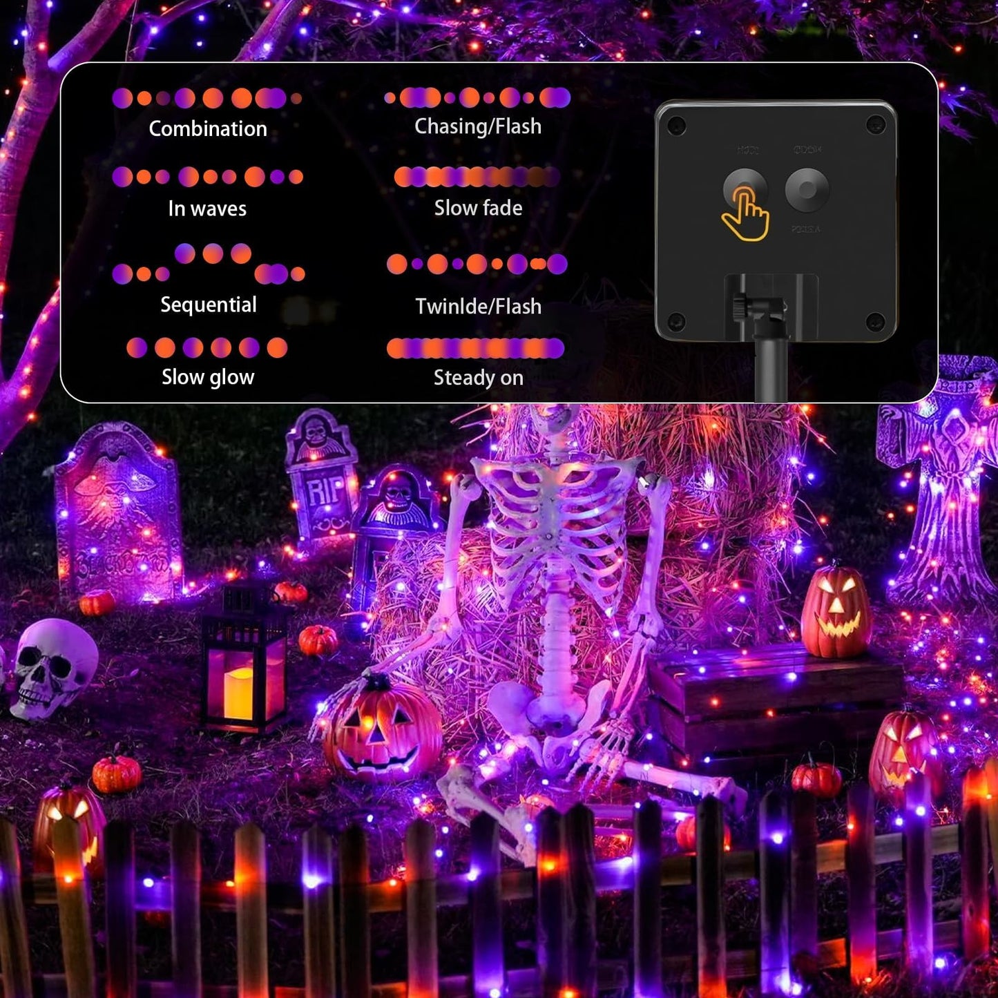 SyouHome 6-Pack Solar String Lights, 600 LED Extra-Long 236Ft Solar Halloween Lights Outdoor Waterproof, 8 Modes Led Halloween Light for Garden, Patio, Wedding(Purple & Orange)