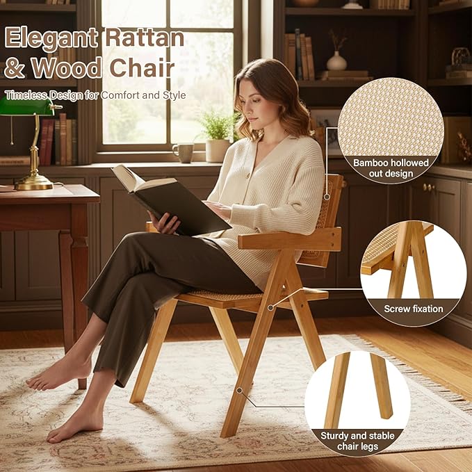 Furlide Rattan Dining Chairs Set of 2, Modern Mid Century Accent Chairs
