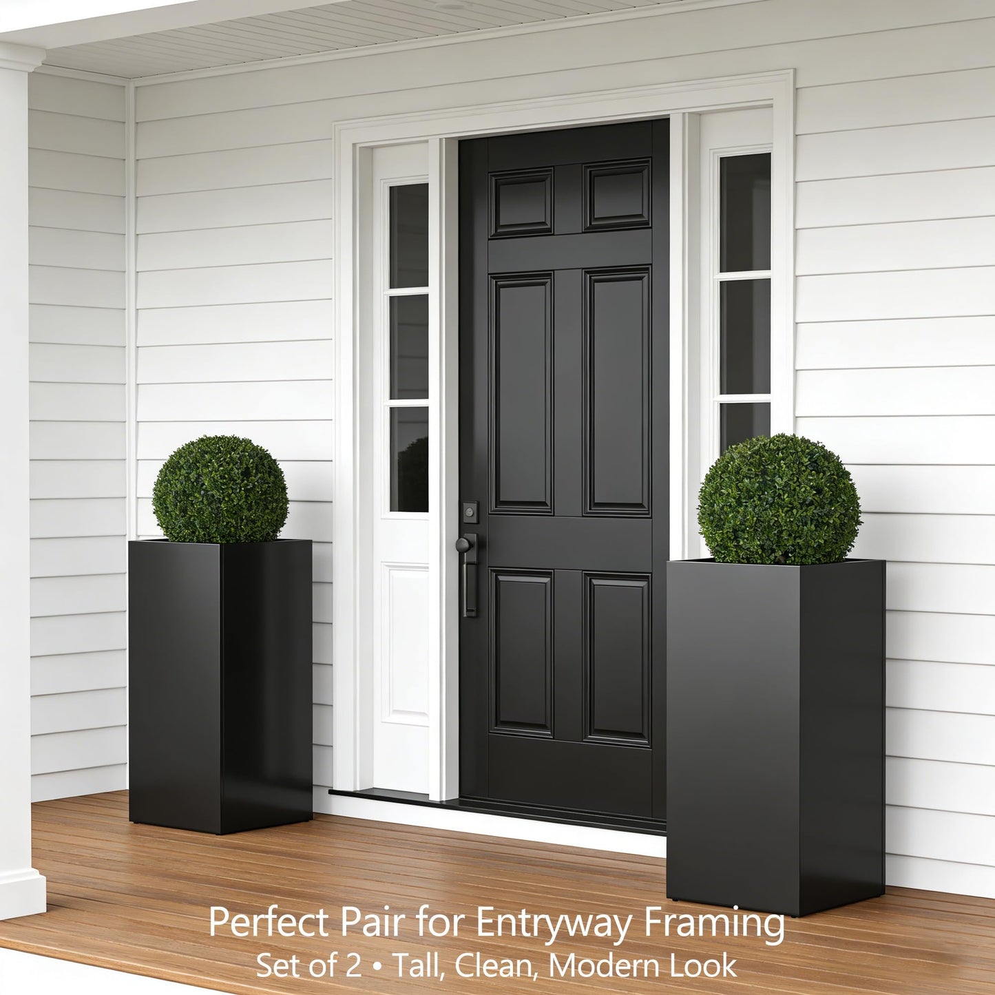 Set of 2 Tall Metal Planter Box for Outdoor Plants,14" L x 14" W x 30" H Heavy Duty Tall Outdoor Planter with Removable Insert Shelf for Porch, Patio, Backyard| Modern Décor|Built-in Drainage|(Black)