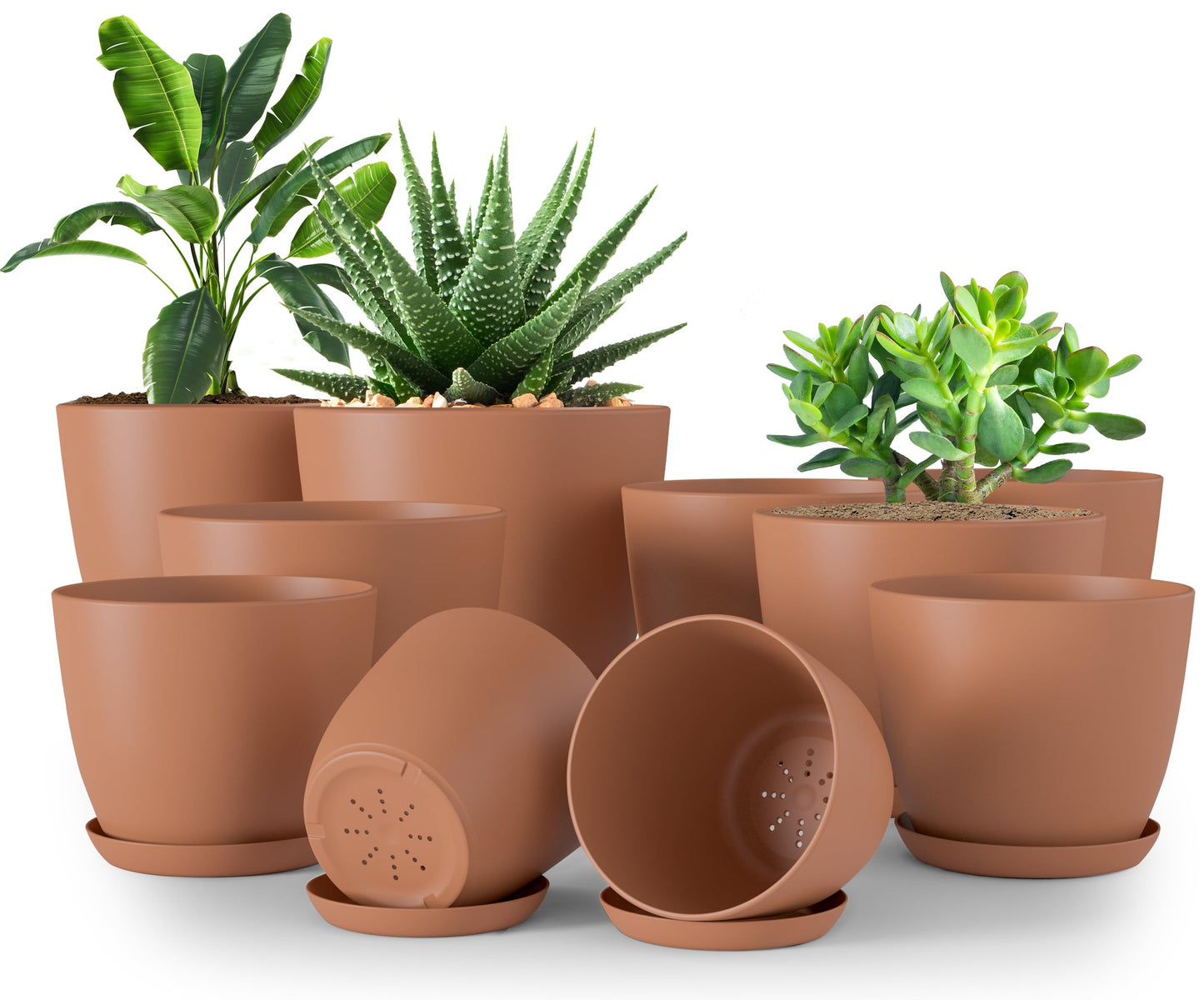Utopia Home - Plant Pots Indoor with Drainage - 7/6.6/6/5.3/4.8 Inches Home Decor Flower Pots - Plastic Planters for Indoor Plants, Cactus, Succulents Pot (Terracotta, Pack of 10)