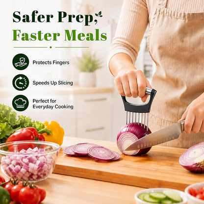 Onion Slicer, Stainless Steel Onion Holder for Slicing with Protective Cover, Onion Cutter Tool, Food Slicing Guide for Kitchen, Tomato, Potato, Lemon, Meat, Avocado, Egg, Fruit