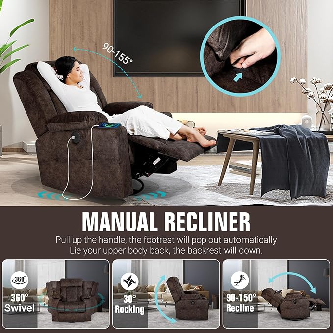 LEVELEVE Retro Rocking Recliner Chair, Massage Rocker Recliner Chair