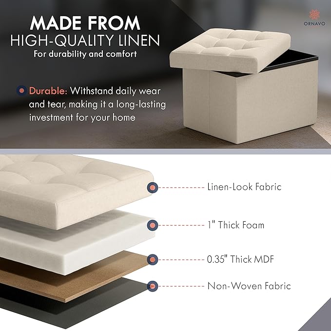 Ornavo Home Small Storage Ottoman, Foldable Collapsible Rectangle Linen Ottoman