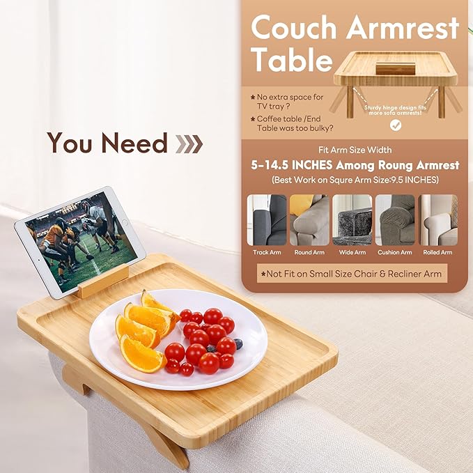 SINWANT Couch Arm Tray Table, Large Bamboo Couch Armrest Table