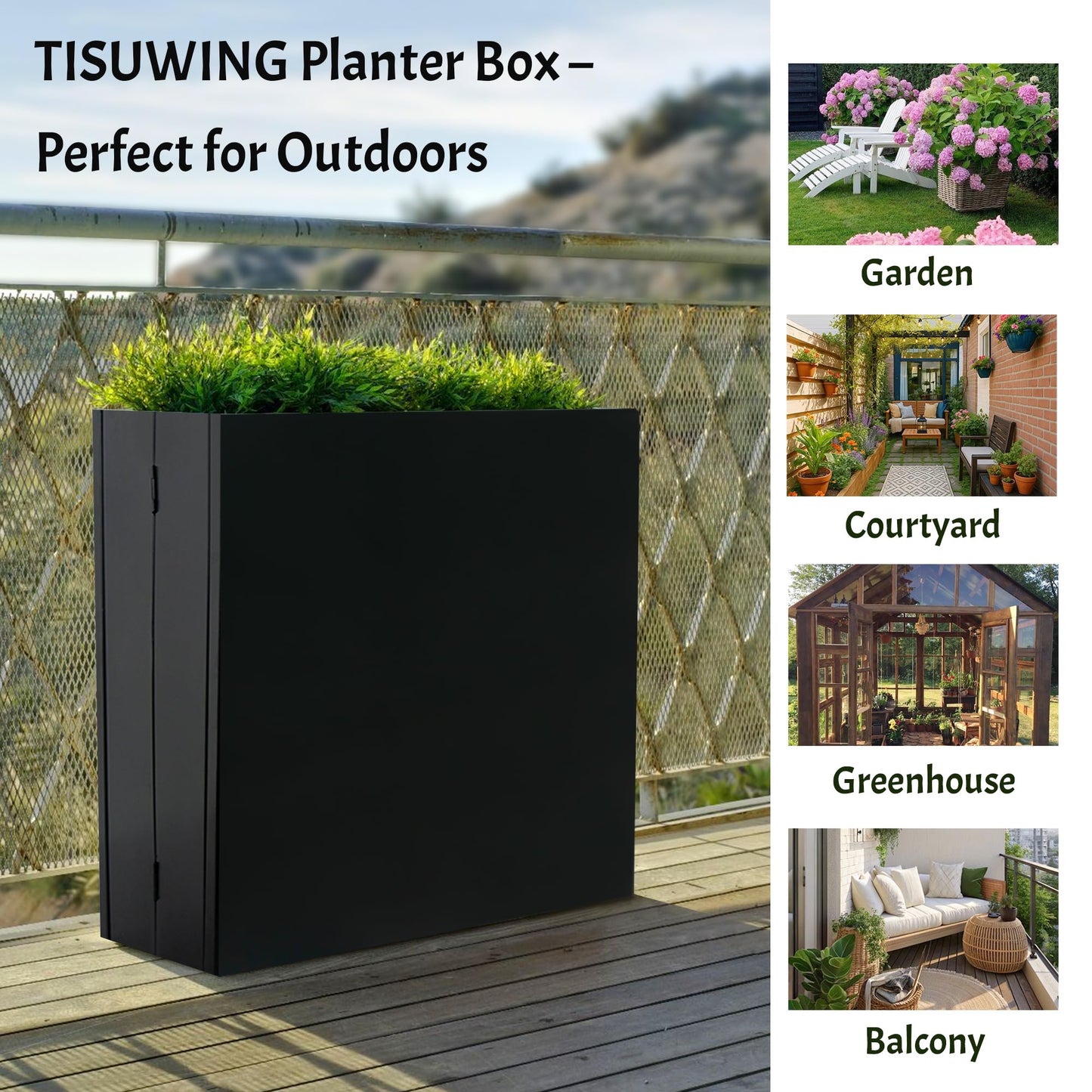 TISUWING Metal Planter Box, No Installation Galvanized Steel Folding Rectangular Planter with Drainage Holes, 35.5"x 10"x 28" Black Outdoor Planter for Porch/Patio/Garden