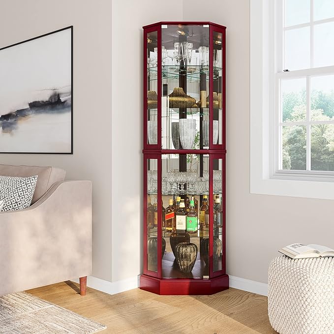 BELLEZE Lighted Corner Display Curio Cabinet Wooden Curved Shelving Unit