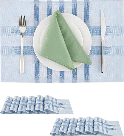 Leetaltree Geometric Print Blue Placemats Set of 12 - Heat Resistant Non-Slip Place mats for Dining Table, Washable Durable PVC Vinyl Woven Table Mats (Geometric Blue, 12)