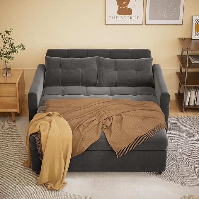 Gizoon 3 in 1 Velvet Sleeper Sofa Bed, 52 Inch 2-Seat Pull Out Couch