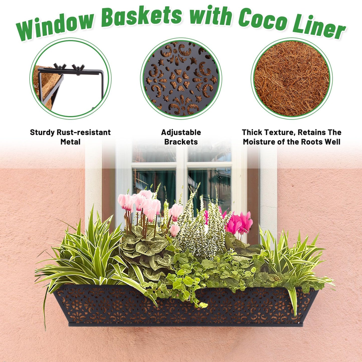 Geetery 6 Pack Window Railing Planter 30 Inch Deck Black Metal Hanging Flower Planter Basket Window Boxes Railing Planter Basket with Coconut Liner for Patio Fence Porch Balcony(Vivid)
