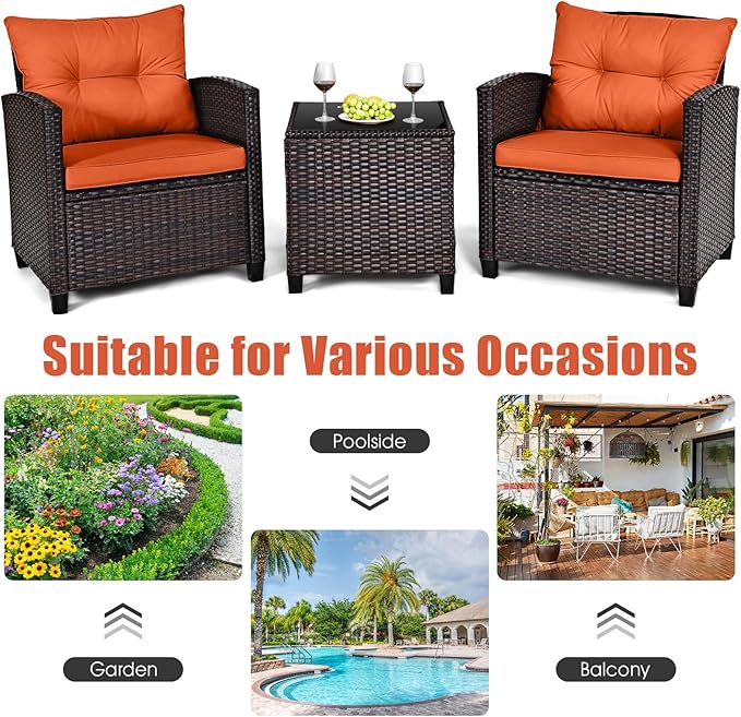 HAPPYGRILL 3 Pieces Patio Conversation Set, Outdoor Furniture Set PE Rattan